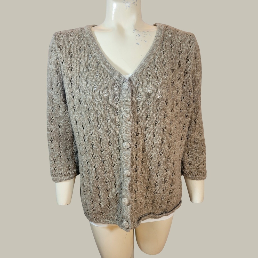 Christopher & Banks Cardigan Sweater Coastal Grandmother Pointelle Knit Tan XL